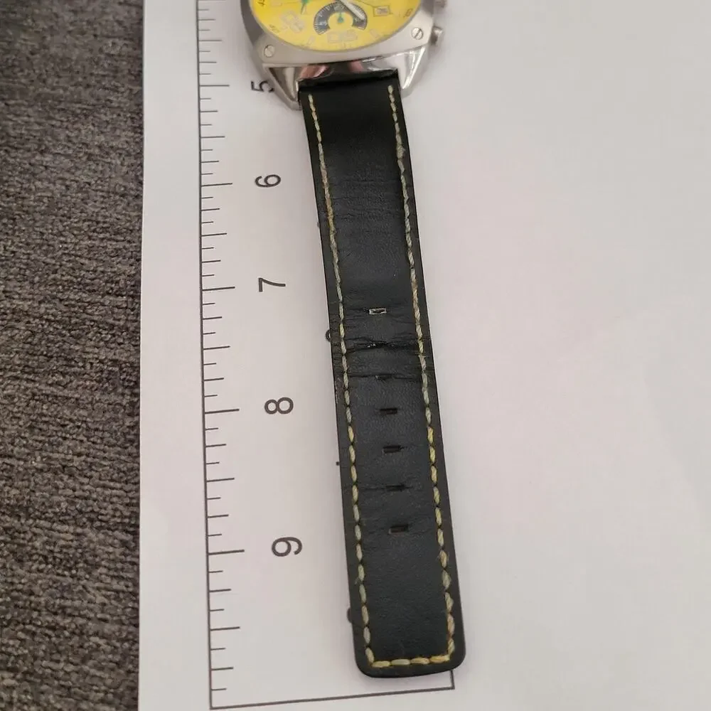 Vintage Deporte Mens Chronograph Watch Silver Yellow Dial Black Leather Quartz